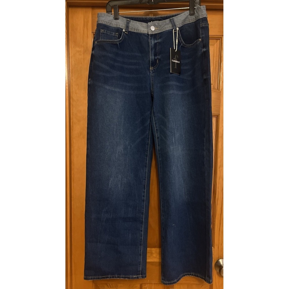 Flamingals Women's Straight Wide Leg Jeans 2 Tones Pockets Sz Xl